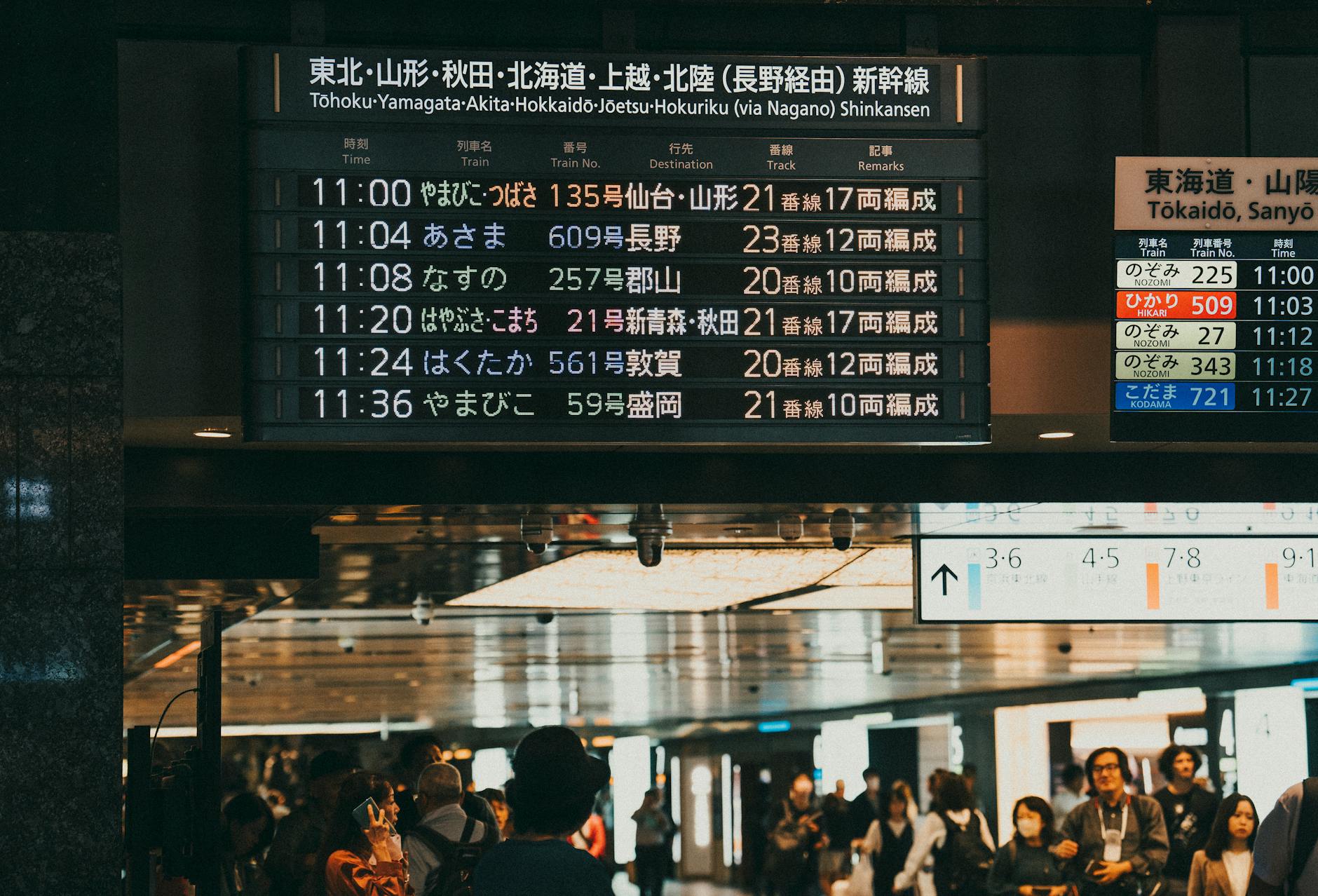 Digital departure board displaying train schedules at a busy Japanese railway station