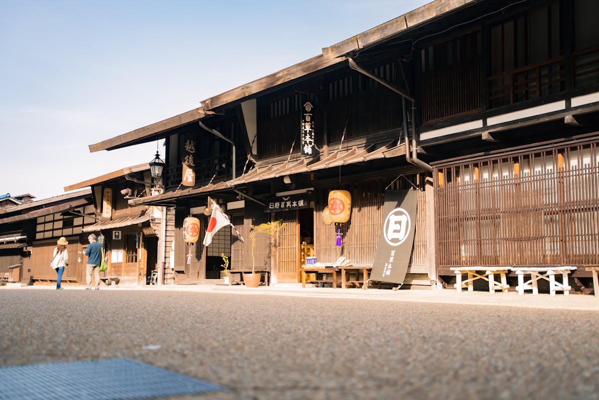 Exterior of a traditional Japanese ryokan inn in Shiojiri Nagano showing classic architecture